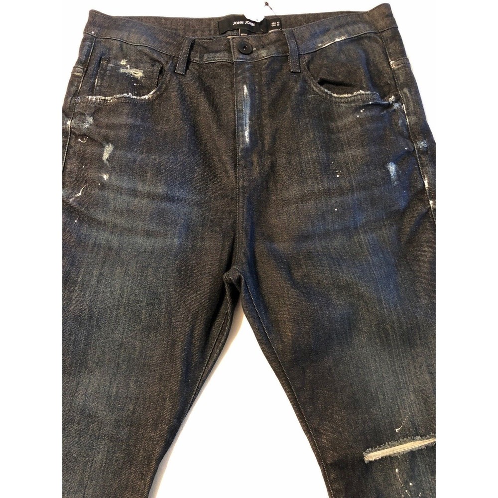 John John Men's Denim Ripped Paint Splatter Dark Blue Skinny Jeans Size 30 NWT